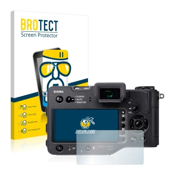 Face avant d’un emballage produit avec le logo de la marque BROTECT. À côté, l’appareil Sigma SD Quattro H est représenté avec