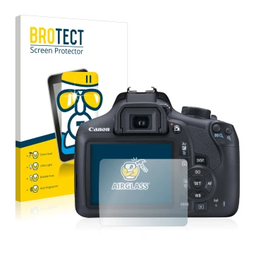 Face avant d’un emballage produit avec le logo de la marque BROTECT. À côté, l’appareil Canon EOS 1300D est représenté avec la