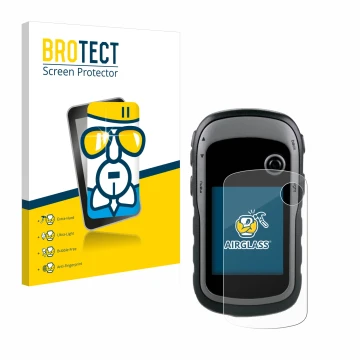 Face avant d’un emballage produit avec le logo de la marque BROTECT. À côté, l’appareil Garmin eTrex 30x est représenté avec l