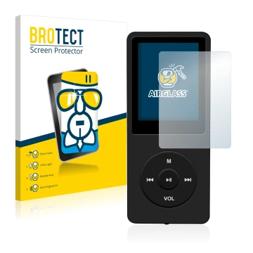 Face avant d’un emballage produit avec le logo de la marque BROTECT. À côté, l’appareil AGPtek 8GB MP3-Player est représenté a