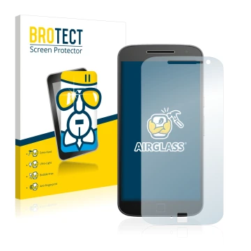 Face avant d’un emballage produit avec le logo de la marque BROTECT. À côté, l’appareil Motorola Moto G4 Plus est représenté a