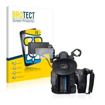 Face avant d’un emballage produit avec le logo de la marque BROTECT. À côté, l’appareil Sony PXW-FS5 est représenté avec la pr