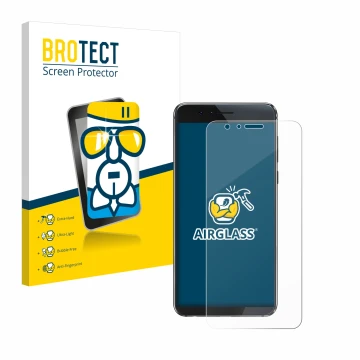 Face avant d’un emballage produit avec le logo de la marque BROTECT. À côté, l’appareil Honor 8 est représenté avec la protect