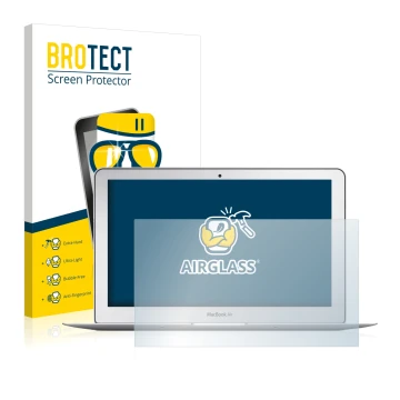 Face avant d’un emballage produit avec le logo de la marque BROTECT. À côté, l’appareil Apple MacBook Air 11