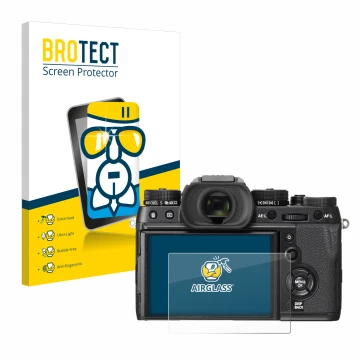 Face avant d’un emballage produit avec le logo de la marque BROTECT. À côté, l’appareil Fujifilm X-T2 est représenté avec la p