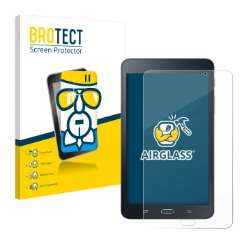 Face avant d’un emballage produit avec le logo de la marque BROTECT. À côté, l’appareil Samsung Galaxy Tab A6 7.0 est représen