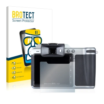 Face avant d’un emballage produit avec le logo de la marque BROTECT. À côté, l’appareil Hasselblad X1D-50c est représenté avec