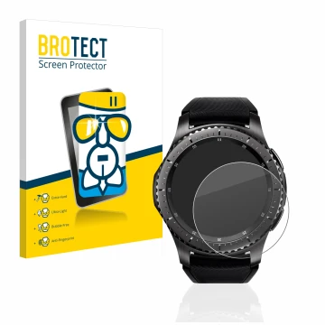Face avant d’un emballage produit avec le logo de la marque BROTECT. À côté, l’appareil Samsung Gear S3 Frontier est représent