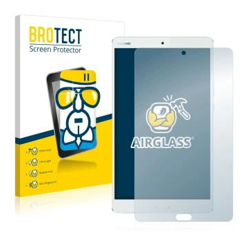 Face avant d’un emballage produit avec le logo de la marque BROTECT. À côté, l’appareil Huawei MediaPad M3 8.4 est représenté 