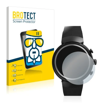 Face avant d’un emballage produit avec le logo de la marque BROTECT. À côté, l’appareil ASUS ZenWatch 3 1.39