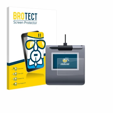 Face avant d’un emballage produit avec le logo de la marque BROTECT. À côté, l’appareil Wacom STU-430 est représenté avec la p