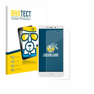 Face avant d’un emballage produit avec le logo de la marque BROTECT. À côté, l’appareil Honor 6X est représenté avec la protec