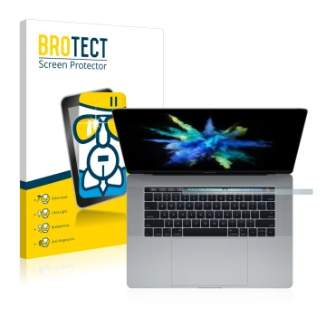Face avant d’un emballage produit avec le logo de la marque BROTECT. À côté, l’appareil Apple MacBook Pro 15