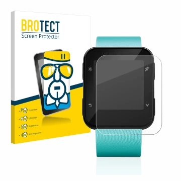 Face avant d’un emballage produit avec le logo de la marque BROTECT. À côté, l’appareil Garmin Forerunner 35 est représenté av