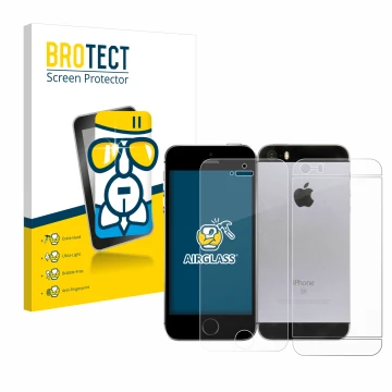 Face avant d’un emballage produit avec le logo de la marque BROTECT. À côté, l’appareil Apple iPhone SE 2016 (Avant+Arrière) e