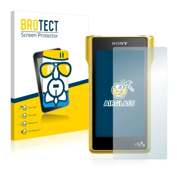 Face avant d’un emballage produit avec le logo de la marque BROTECT. À côté, l’appareil Sony Walkman NW-WM1A est représenté av