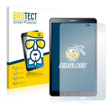 Face avant d’un emballage produit avec le logo de la marque BROTECT. À côté, l’appareil Samsung Galaxy Tab A 10.1 2016 est rep