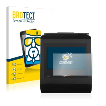 Face avant d’un emballage produit avec le logo de la marque BROTECT. À côté, l’appareil Signotec Signature Pad Gamma est repré
