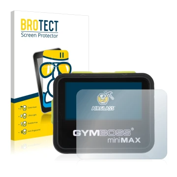 Face avant d’un emballage produit avec le logo de la marque BROTECT. À côté, l’appareil Gymboss Minimax est représenté avec la