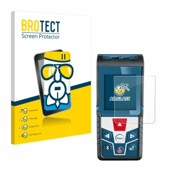 Face avant d’un emballage produit avec le logo de la marque BROTECT. À côté, l’appareil Bosch GLM 50 C Professional est représ