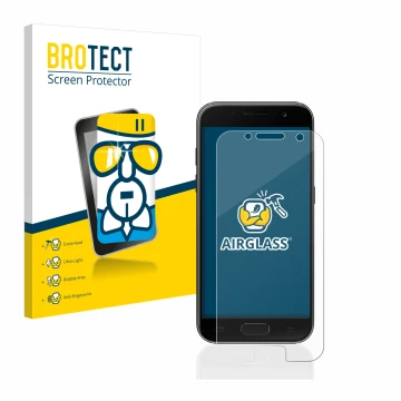 Face avant d’un emballage produit avec le logo de la marque BROTECT. À côté, l’appareil Samsung Galaxy A3 2017 est représenté 