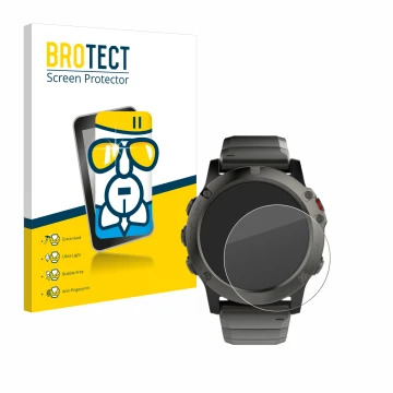 Face avant d’un emballage produit avec le logo de la marque BROTECT. À côté, l’appareil Garmin Fenix 5X (51 mm) est représenté