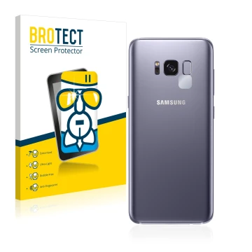 Face avant d’un emballage produit avec le logo de la marque BROTECT. À côté, l’appareil Samsung Galaxy S8 (Caméra UNIQUEMENT) 