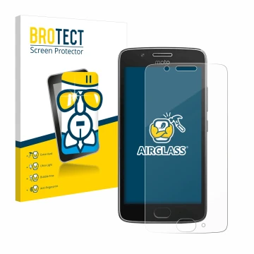 Face avant d’un emballage produit avec le logo de la marque BROTECT. À côté, l’appareil Motorola Moto G5 est représenté avec l