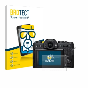 Face avant d’un emballage produit avec le logo de la marque BROTECT. À côté, l’appareil Fujifilm X-T20 est représenté avec la 