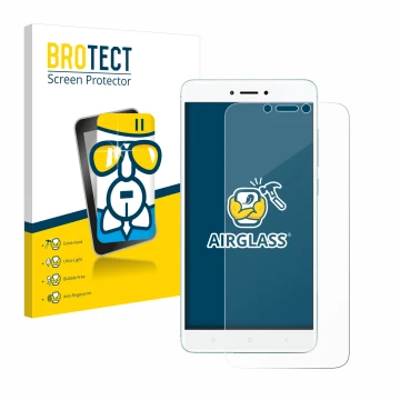 Face avant d’un emballage produit avec le logo de la marque BROTECT. À côté, l’appareil Xiaomi Redmi 4X est représenté avec la