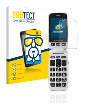 Face avant d’un emballage produit avec le logo de la marque BROTECT. À côté, l’appareil Doro Primo 413 est représenté avec la 