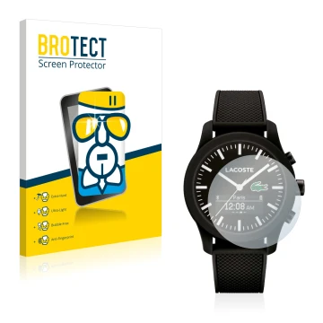 Face avant d’un emballage produit avec le logo de la marque BROTECT. À côté, l’appareil Lacoste 12.12 Contact est représenté a