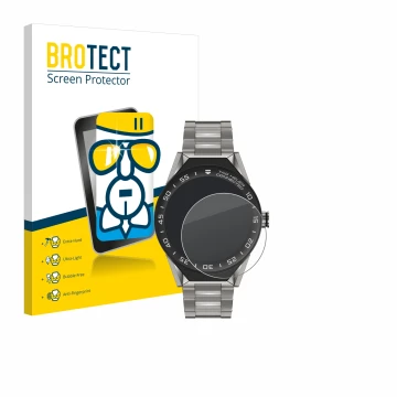 Face avant d’un emballage produit avec le logo de la marque BROTECT. À côté, l’appareil TAG Heuer Connected Modular 45 est rep
