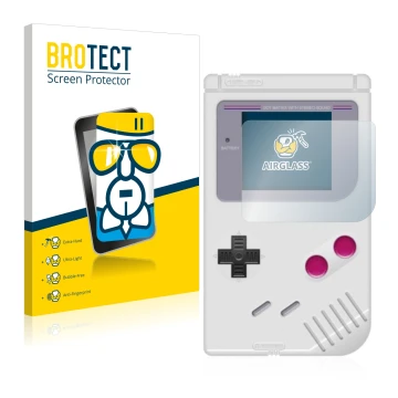Face avant d’un emballage produit avec le logo de la marque BROTECT. À côté, l’appareil Nintendo Gameboy (1989) est représenté