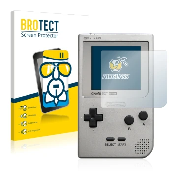 Face avant d’un emballage produit avec le logo de la marque BROTECT. À côté, l’appareil Nintendo Gameboy Pocket est représenté