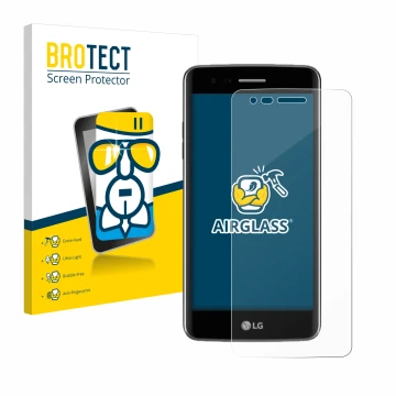 Face avant d’un emballage produit avec le logo de la marque BROTECT. À côté, l’appareil LG K8 2017 est représenté avec la prot