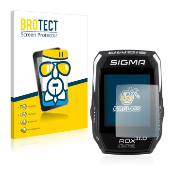 Face avant d’un emballage produit avec le logo de la marque BROTECT. À côté, l’appareil Sigma ROX GPS 11.0 est représenté avec