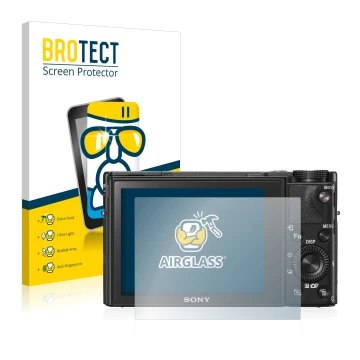 Face avant d’un emballage produit avec le logo de la marque BROTECT. À côté, l’appareil Sony Cyber-Shot DSC-RX100 V est représ