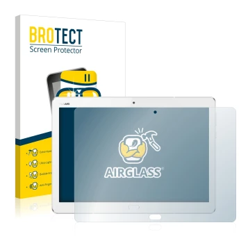 Face avant d’un emballage produit avec le logo de la marque BROTECT. À côté, l’appareil Huawei MediaPad M3 Lite 10.1 est repré