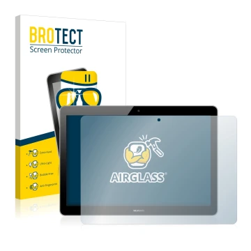 Face avant d’un emballage produit avec le logo de la marque BROTECT. À côté, l’appareil Huawei MediaPad T3 10 est représenté a