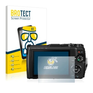 Face avant d’un emballage produit avec le logo de la marque BROTECT. À côté, l’appareil Olympus Tough TG-5 est représenté avec