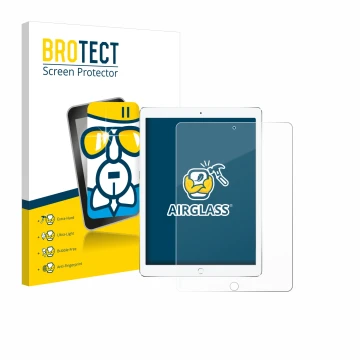 Face avant d’un emballage produit avec le logo de la marque BROTECT. À côté, l’appareil Apple iPad Pro 10.5