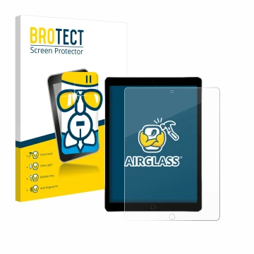 Face avant d’un emballage produit avec le logo de la marque BROTECT. À côté, l’appareil Apple iPad Pro 12.9