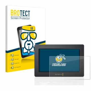 Face avant d’un emballage produit avec le logo de la marque BROTECT. À côté, l’appareil Blackmagic Design Video Assist (5.0) e