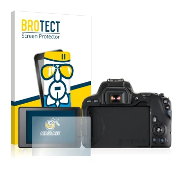 Face avant d’un emballage produit avec le logo de la marque BROTECT. À côté, l’appareil Canon EOS 200D est représenté avec la 