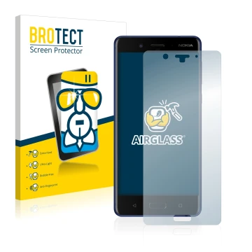 Face avant d’un emballage produit avec le logo de la marque BROTECT. À côté, l’appareil Nokia 8 est représenté avec la protect