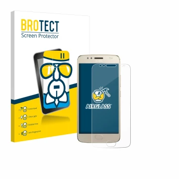 Face avant d’un emballage produit avec le logo de la marque BROTECT. À côté, l’appareil Motorola Moto G5S est représenté avec 