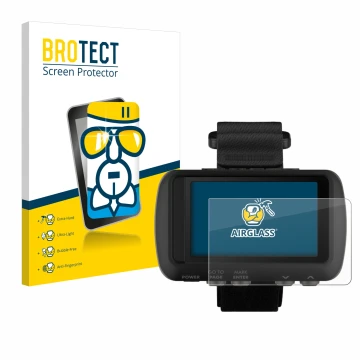 Face avant d’un emballage produit avec le logo de la marque BROTECT. À côté, l’appareil Garmin Foretrex 601 est représenté ave