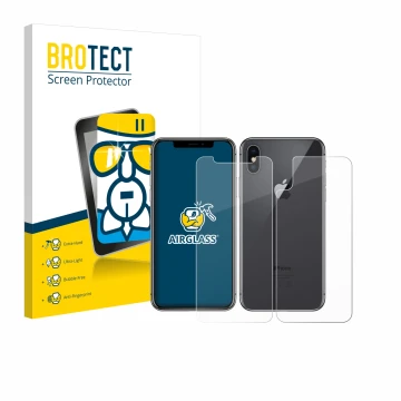 Face avant d’un emballage produit avec le logo de la marque BROTECT. À côté, l’appareil Apple iPhone X (Avant+Arrière) est rep