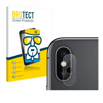 Face avant d’un emballage produit avec le logo de la marque BROTECT. À côté, l’appareil Apple iPhone X (Caméra UNIQUEMENT) est